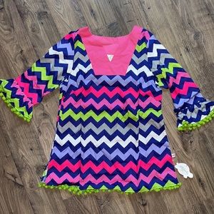 NWT LWD Navy Multi Chevron Lime Pom Poms Tunic